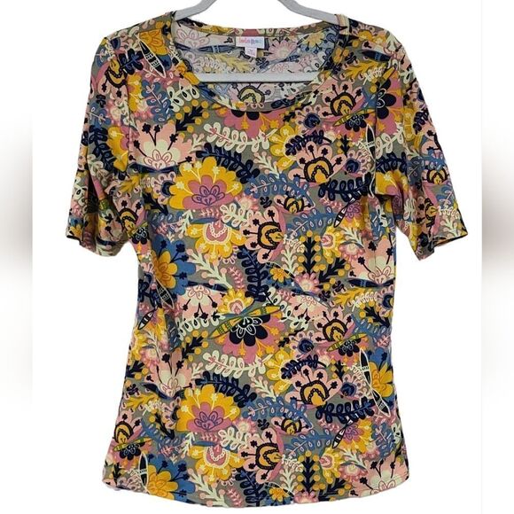 LuLaRoe Gigi Top Colorful Floral Print Fitted Tee Short Sleeve Knit Top Crewneck - Picture 9 of 10